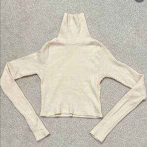 Cream Ribbed Cropped Turtleneck Sweater